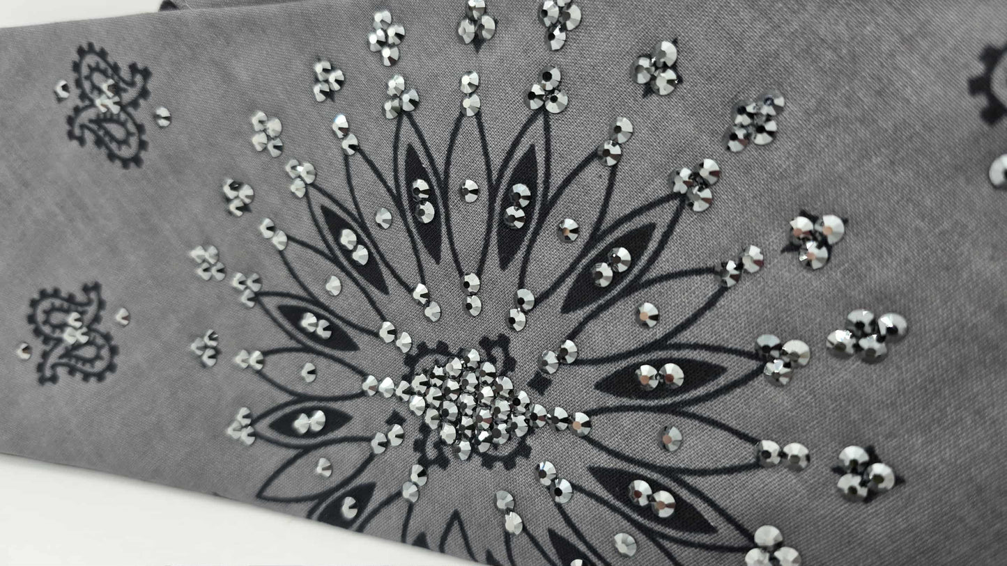 EXTRA BLING - Large Grey Paisley Bandana with Black Austrian Crystals (sku6406)