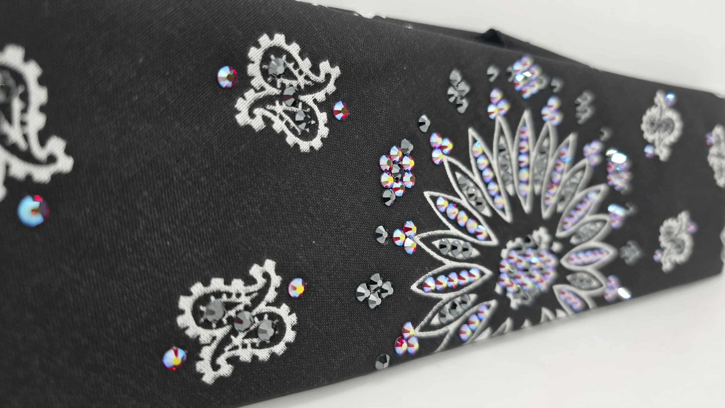 EXTRA BLING - Black Paisley Bandana with Red Shimmer and Black Austrian Crystals (sku6423)