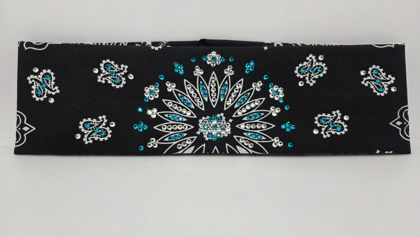 Black Paisley Bandana with Bright Blue and Diamond Clear Austrian Crystals (E6426)
