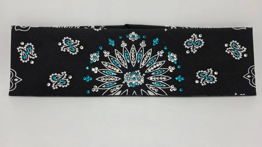 Black Paisley Bandana with Bright Blue and Diamond Clear Austrian Crystals (E6426)
