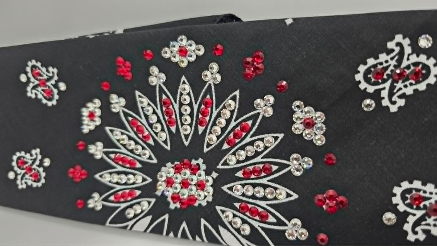 Black Paisley Bandana with Red and Diamond Clear Austrian Crystals (E60141)