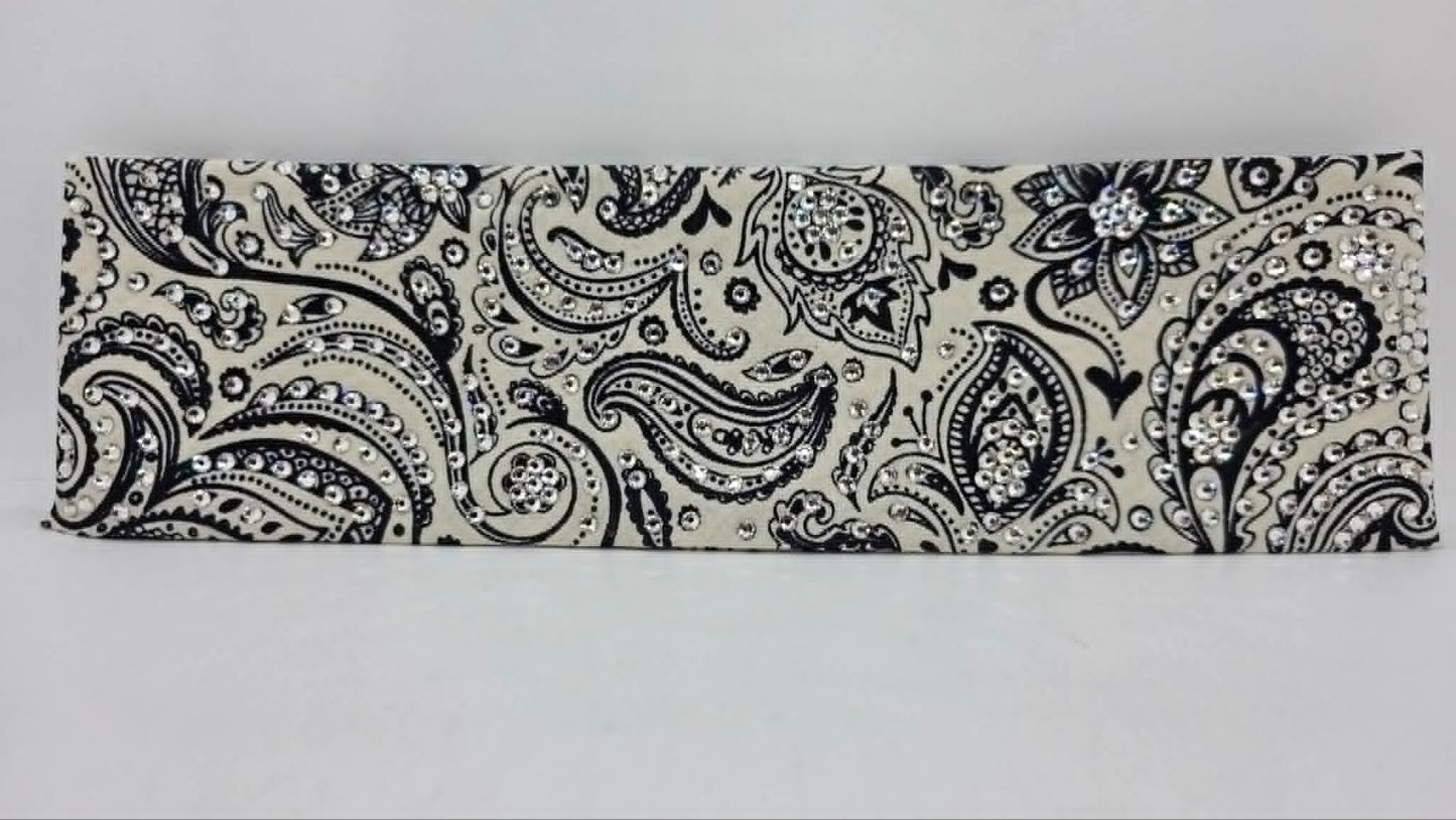 LeeAnnette Navy on Cream Paisley Bandana with Diamond Clear Austrian Crystals (L40238)