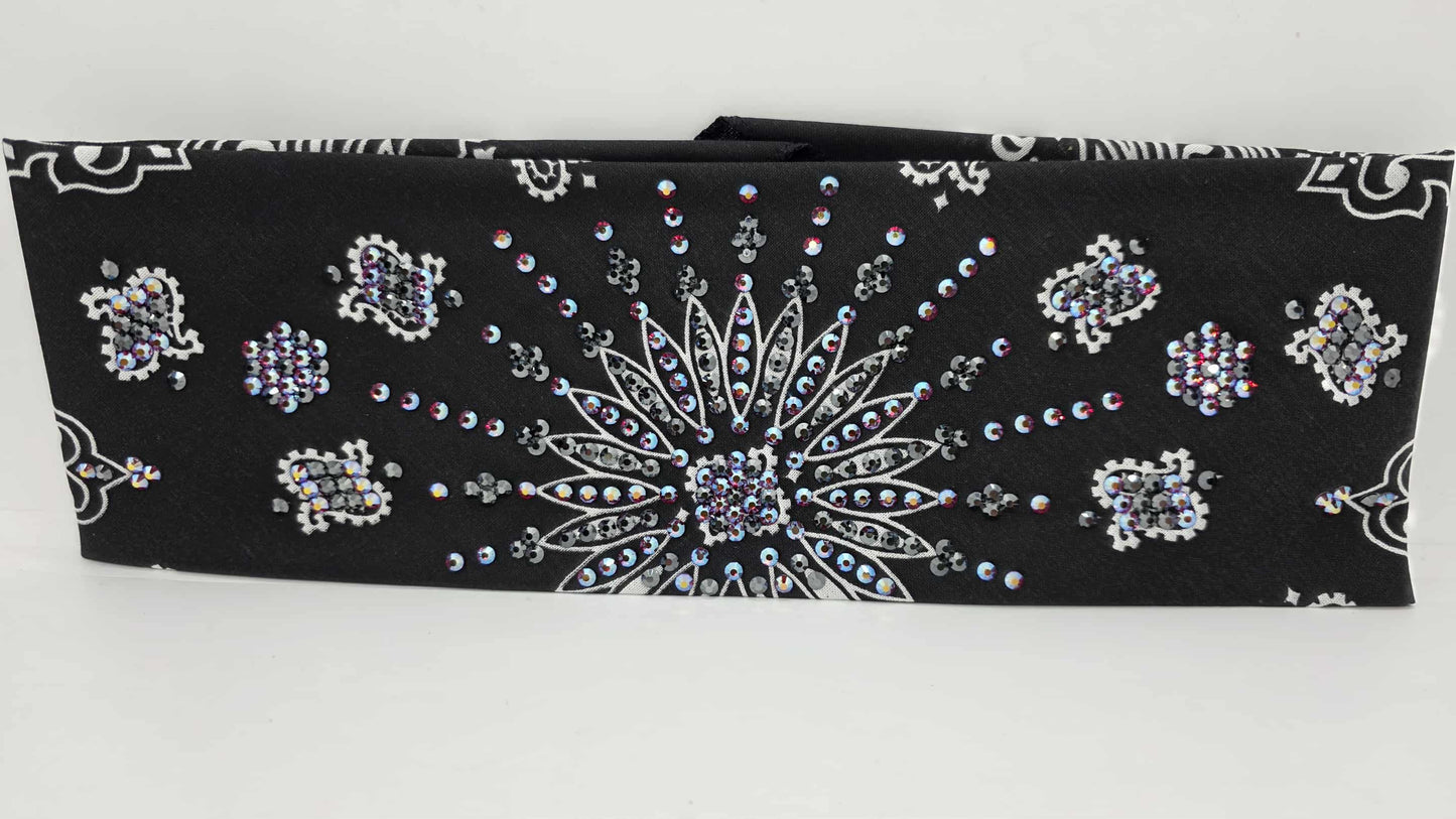 LeeAnnette Black Paisley Bandana with Red Shimmer and Black Austrian Crystals (sku40158)