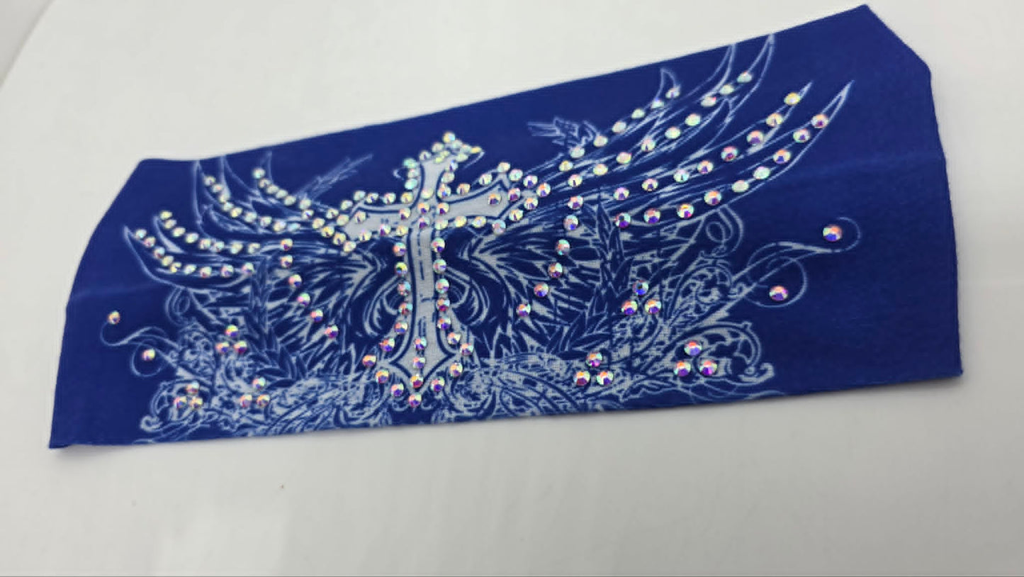 Stretchy Headband Cross and Wings on Blue with Aurora Borealis Crystals (Sku5471)