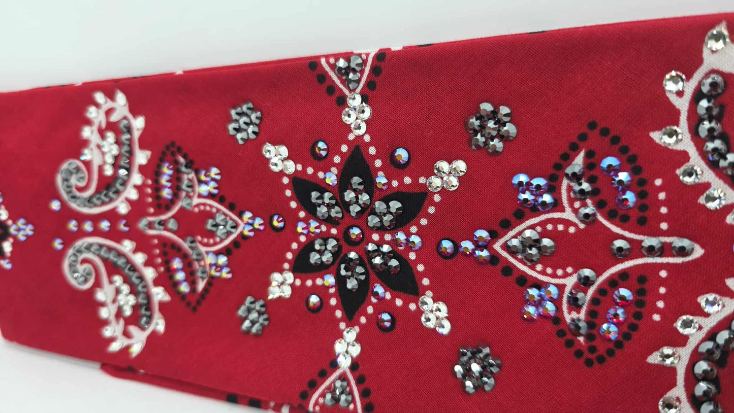 LeeAnnette Large Red Flower Bandana with Red Shimmer, Black and Diamond Clear Austrian Crystals (sku40102)