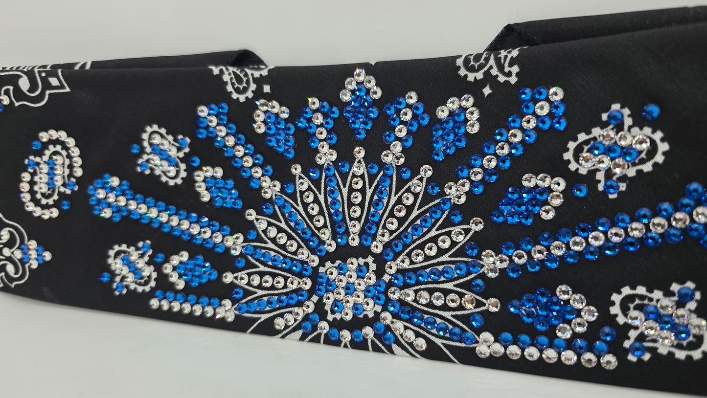 Super LeeAnnette Black Paisley Bandana with Capri Blue and Diamond Clear Austrian Crystals (S48157)