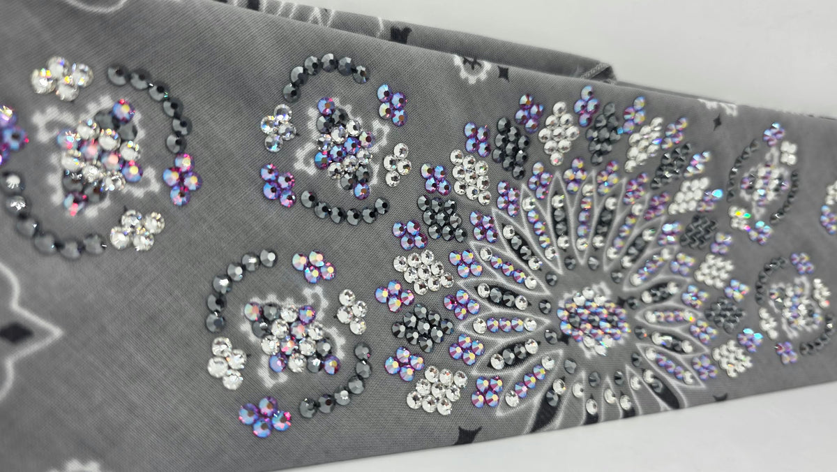 Super LeeAnnette Silver Paisley Bandana with Black, Fuchsia Shimmer and Clear Austrian Crystals (S48199)