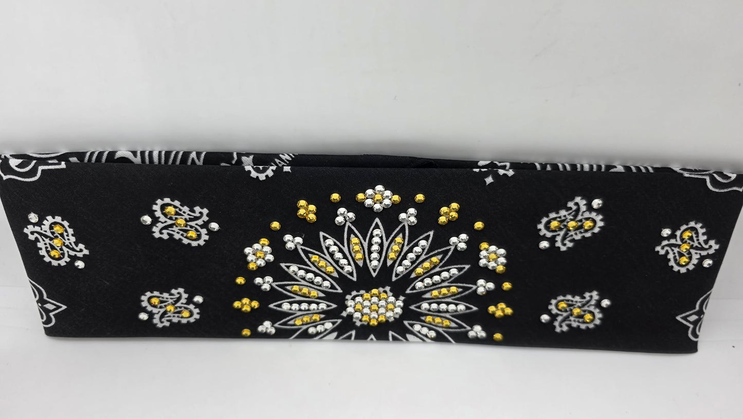 EXTRA BLING -Black Paisley Bandana with Golden Yellow and Diamond Clear Austrian Crystals (E60109)