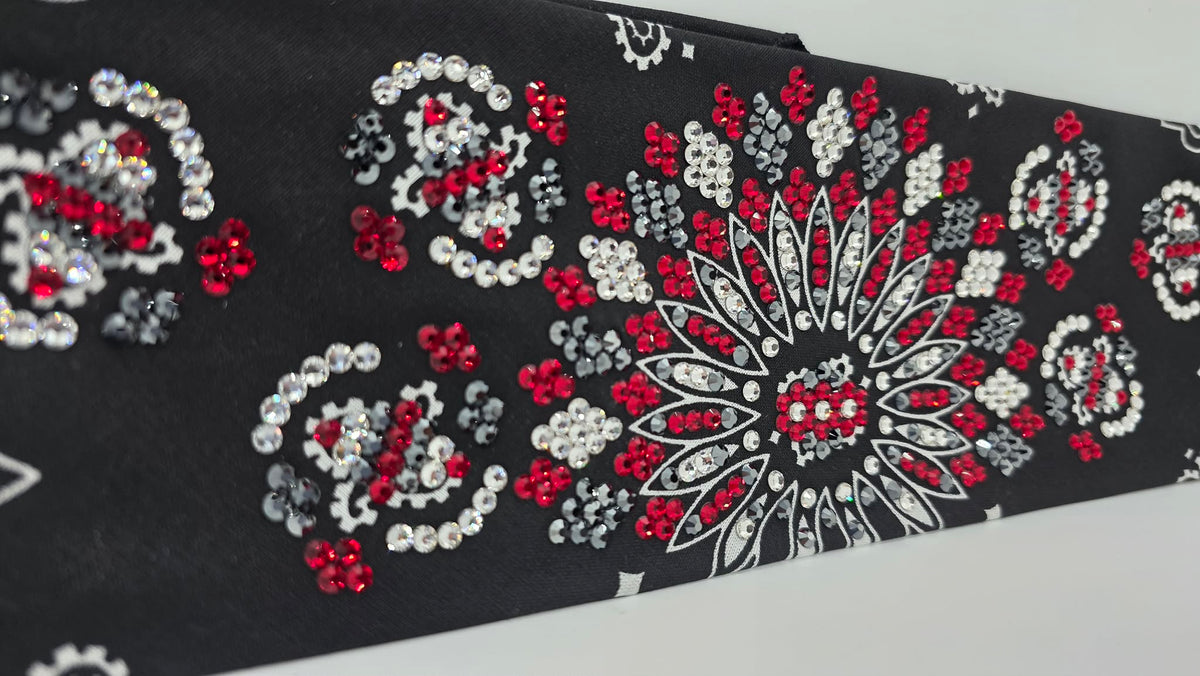 Super LeeAnnette Black Paisley Bandana with Red, Black and Diamond Clear Austrian Crystals (S48181)