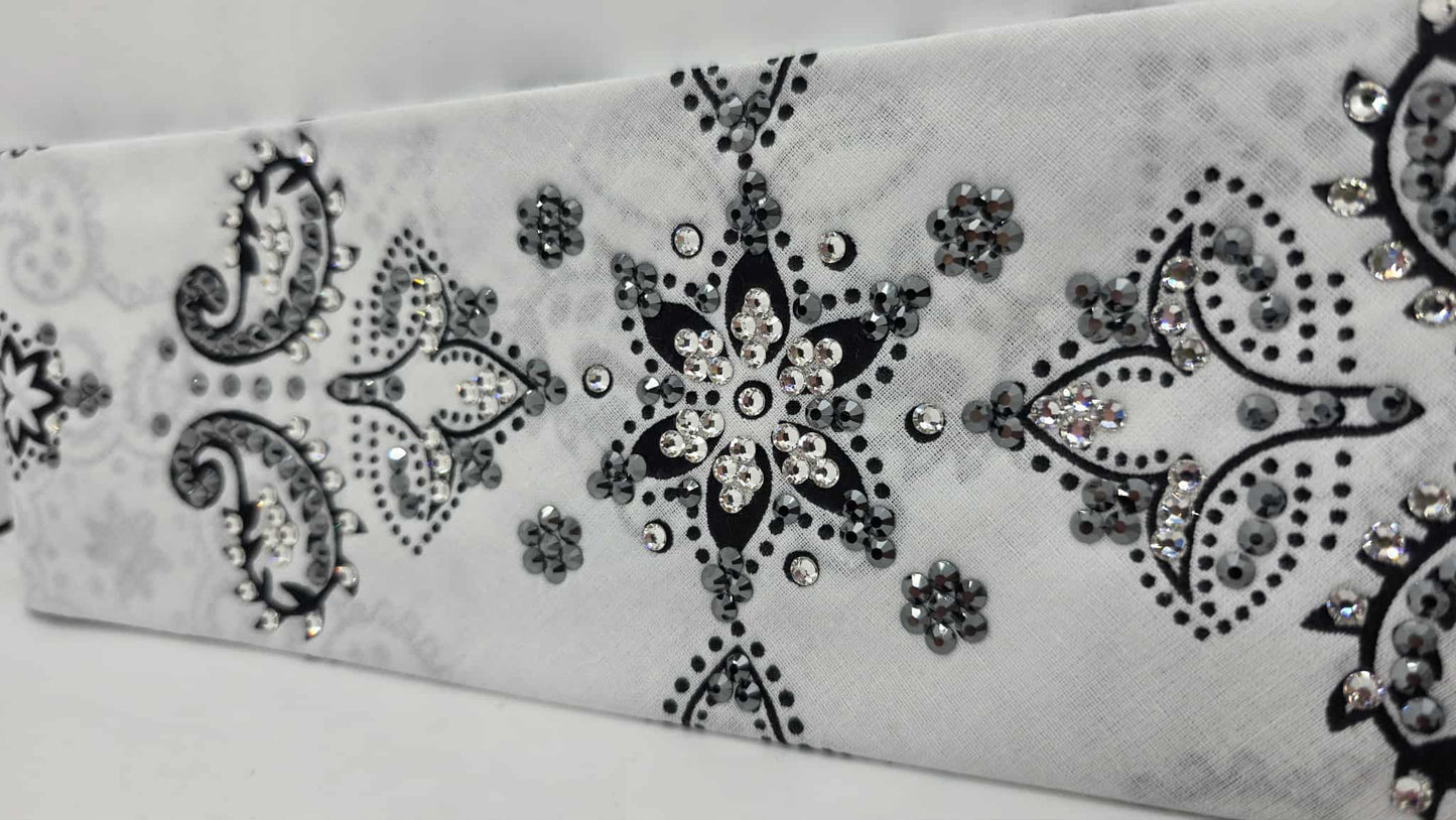 LeeAnnette Large White Flower Bandana with Black and Diamond Clear Austrian Crystals (sku40101)