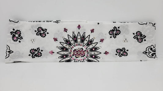 White Paisley Bandana with Light Pink and Diamond Clear Austrian Crystals (Sku2008)
