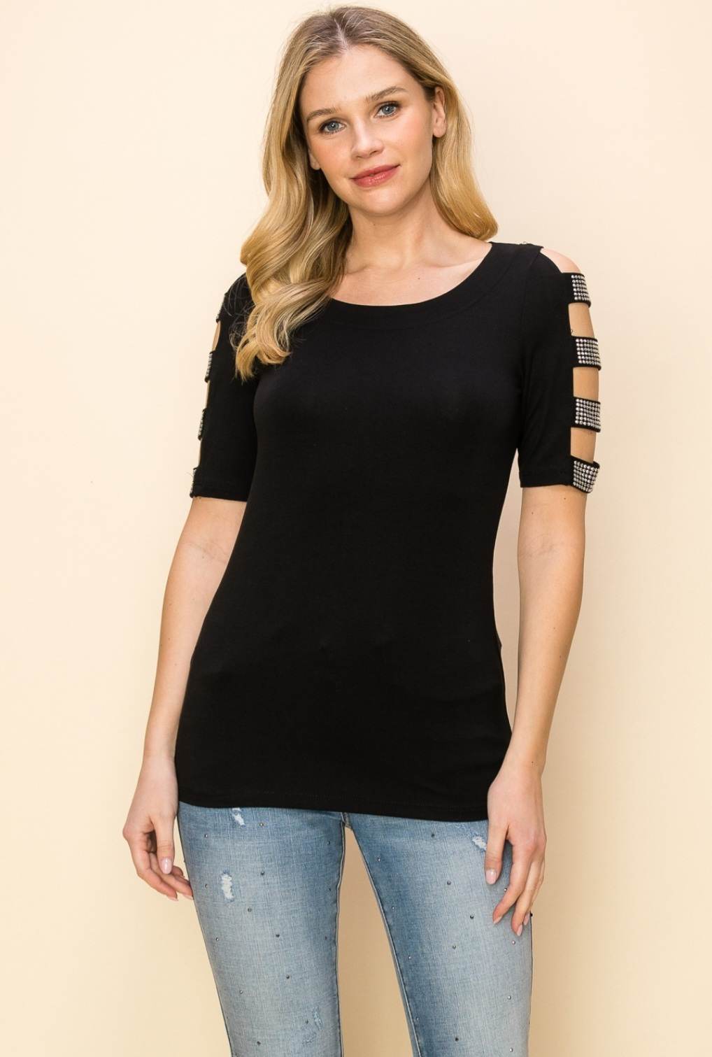Black Short Sleeve Cut-Out with Stones