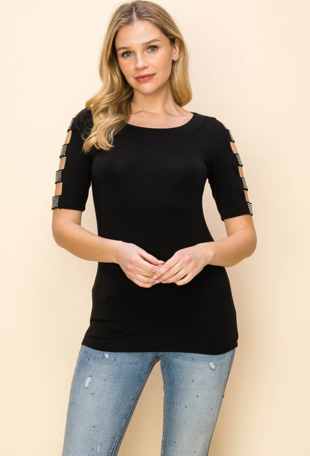 Black Short Sleeve Cut-Out with Stones