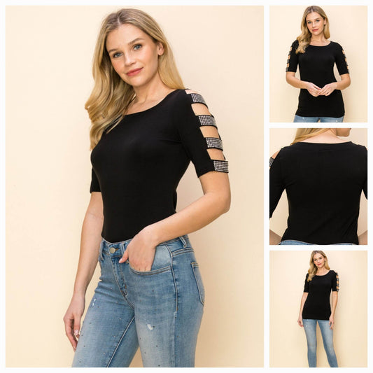 Black Short Sleeve Cut-Out with Stones