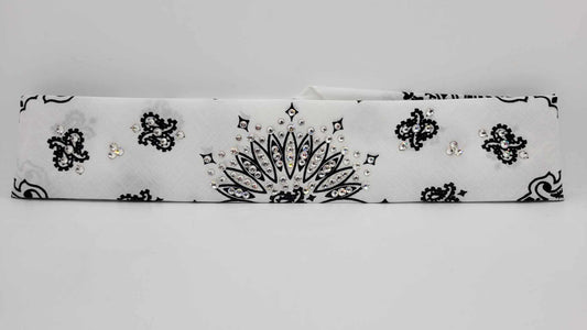 Narrow White Paisley Bandana with Diamond Clear Austrian Crystals (Sku2031)