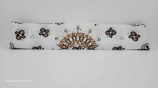 Narrow White Paisley Bandana with Orange and Clear Austrian Crystals (Sku2032)