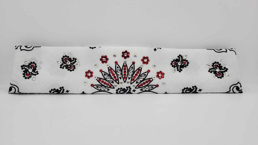 Narrow White Paisley Bandana with Red and Diamond Clear Austrian Crystals (Sku2038)