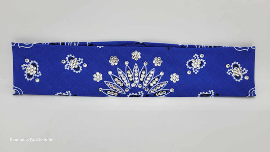 Narrow Blue Paisley Bandanas with Diamond Clear Austrian Crystals (Sku2050)