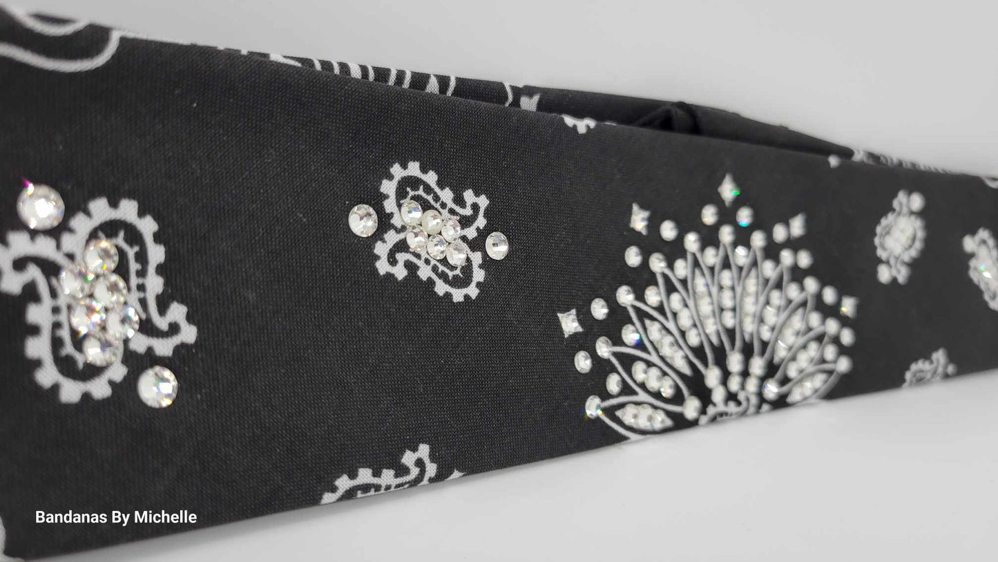 Narrow Black Paisley Bandana With Diamond Clear Austrian Crystals (Sku2055)