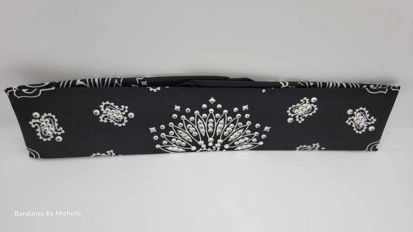 Narrow Black Paisley Bandana With Diamond Clear Austrian Crystals (Sku2055)