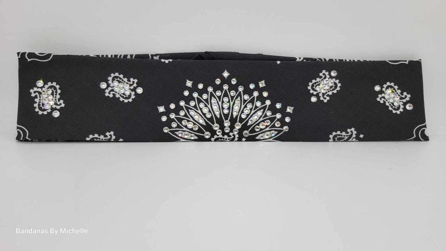 Narrow Black Paisley Bandana With Diamond Clear Austrian Crystals (Sku2055)