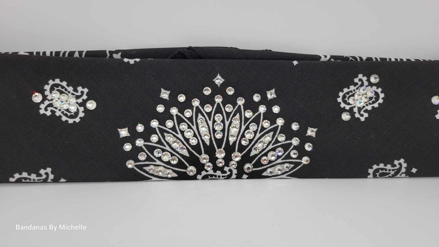 Narrow Black Paisley Bandana With Diamond Clear Austrian Crystals (Sku2055)