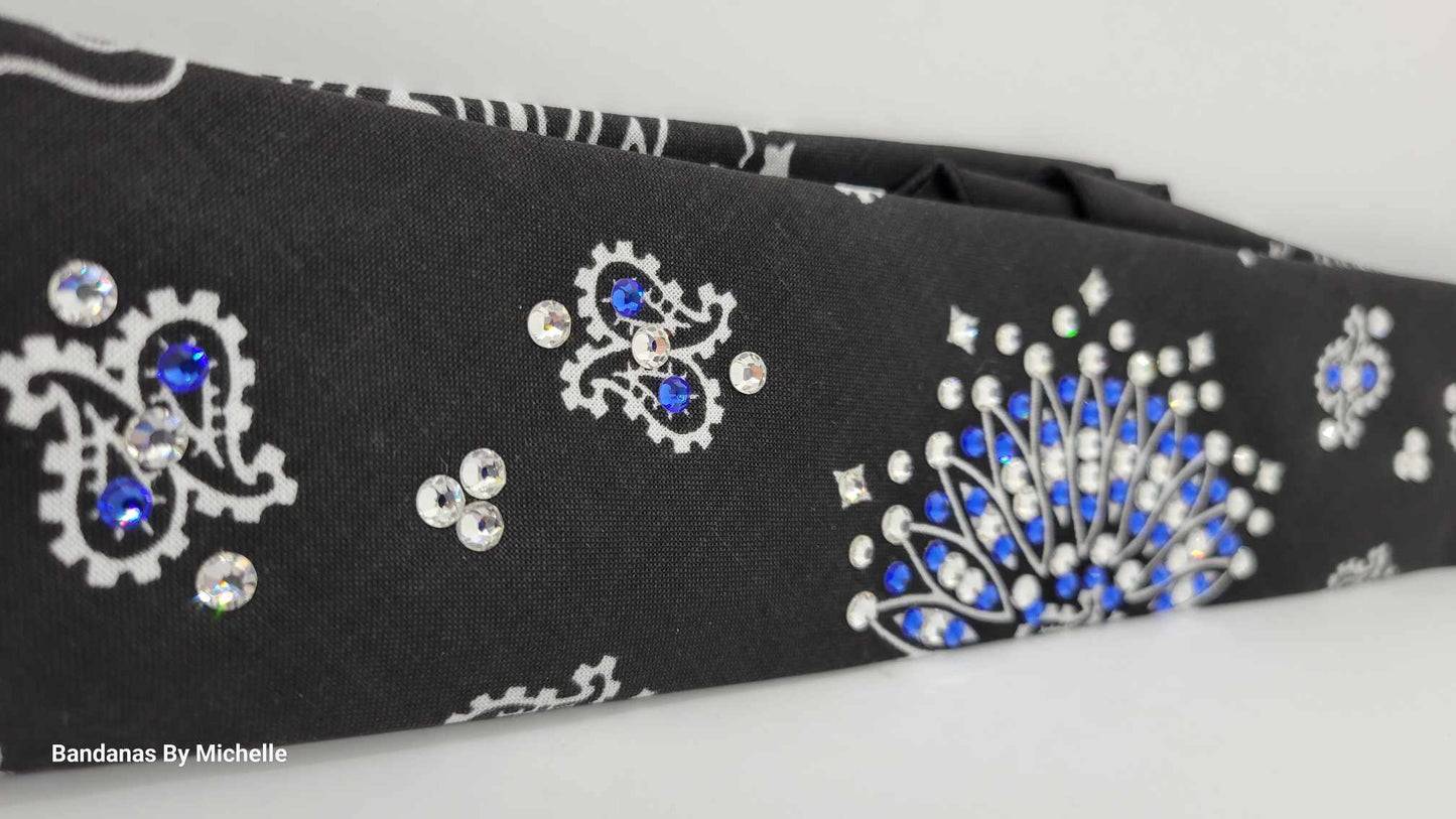 Narrow Black Paisley Bandana With Bright Blue and Clear Austrian Crystals (Sku2060)