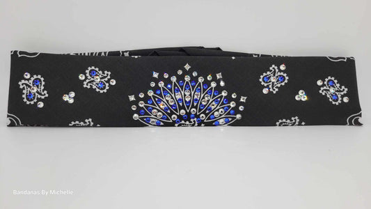 Narrow Black Paisley Bandana With Bright Blue and Clear Austrian Crystals (Sku2060)