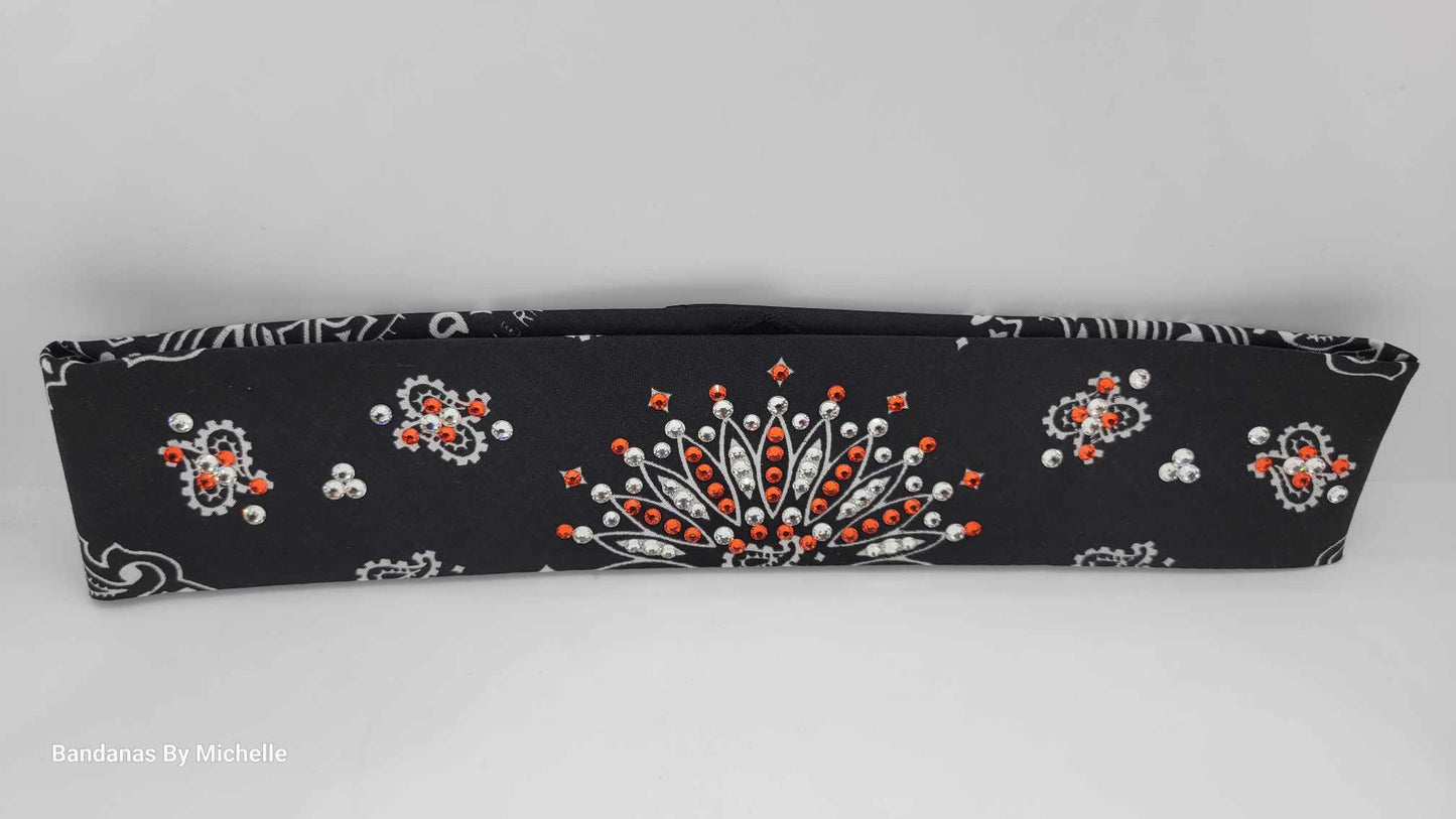 Narrow Black Paisley with Orange and Diamond Clear Austrian Crystals (Sku2068)