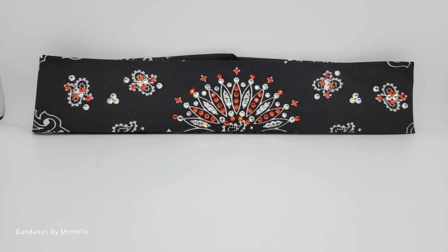 Narrow Black Paisley with Orange and Diamond Clear Austrian Crystals (Sku2068)