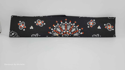 Narrow Black Paisley Bandana with Orange and Diamond Clear Austrian Crystals (Sku2068)