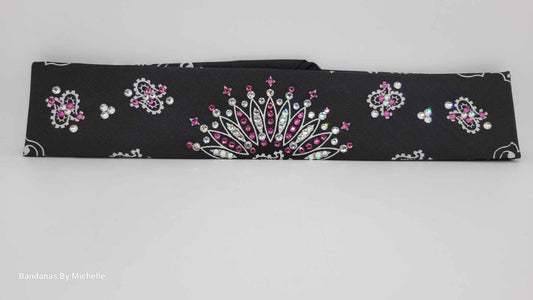 Narrow Black Paisley Bandana with Fuchsia and Diamond Clear Austrian Crystals (Sku2072)