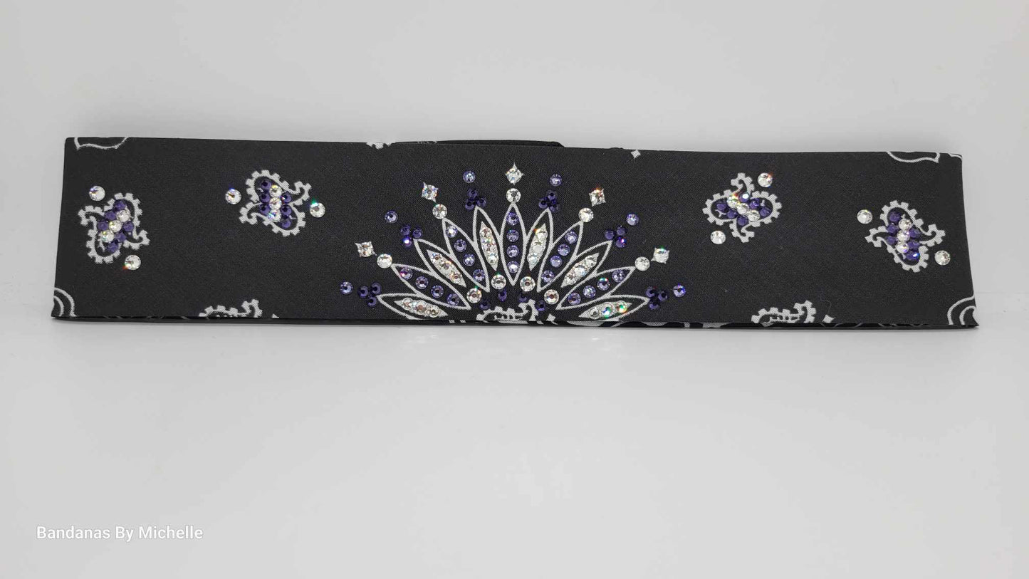 Narrow Black Paisley with Dark Purple, Light Purple and Diamond Clear Austrian Crystals (Sku2073)