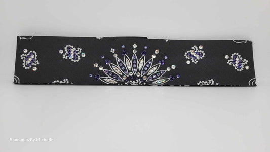 Narrow Black Paisley Bandana with Dark Purple, Light Purple and Diamond Clear Austrian Crystals (Sku2073)