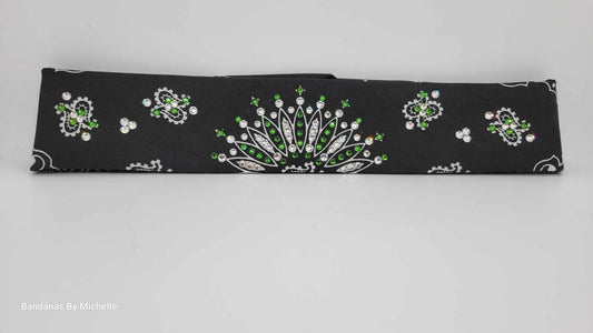 Narrow Black Paisley Bandana with Dark Green and Diamond Clear Austrian Crystals (Sku2078)