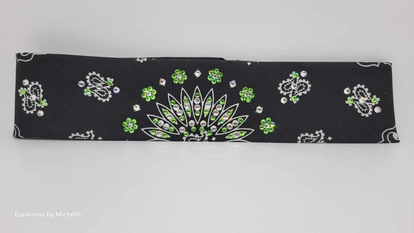 Narrow Black Paisley with Light Green and Diamond Clear Austrian Crystals (Sku2080)