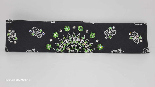 Narrow Black Paisley Bandana with Light Green and Diamond Clear Austrian Crystals (Sku2080)