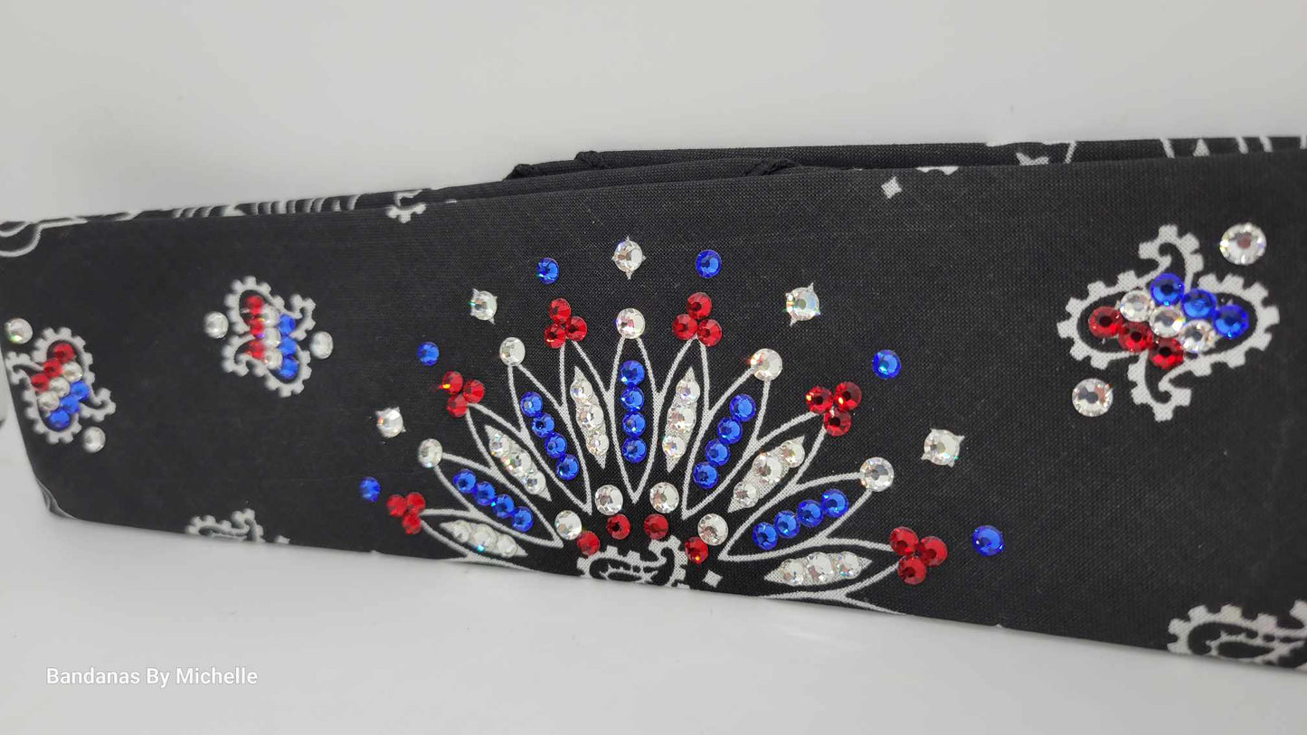 Narrow Black Paisley with Red, Blue and Diamond Clear Austrian Crystals (Sku2082)