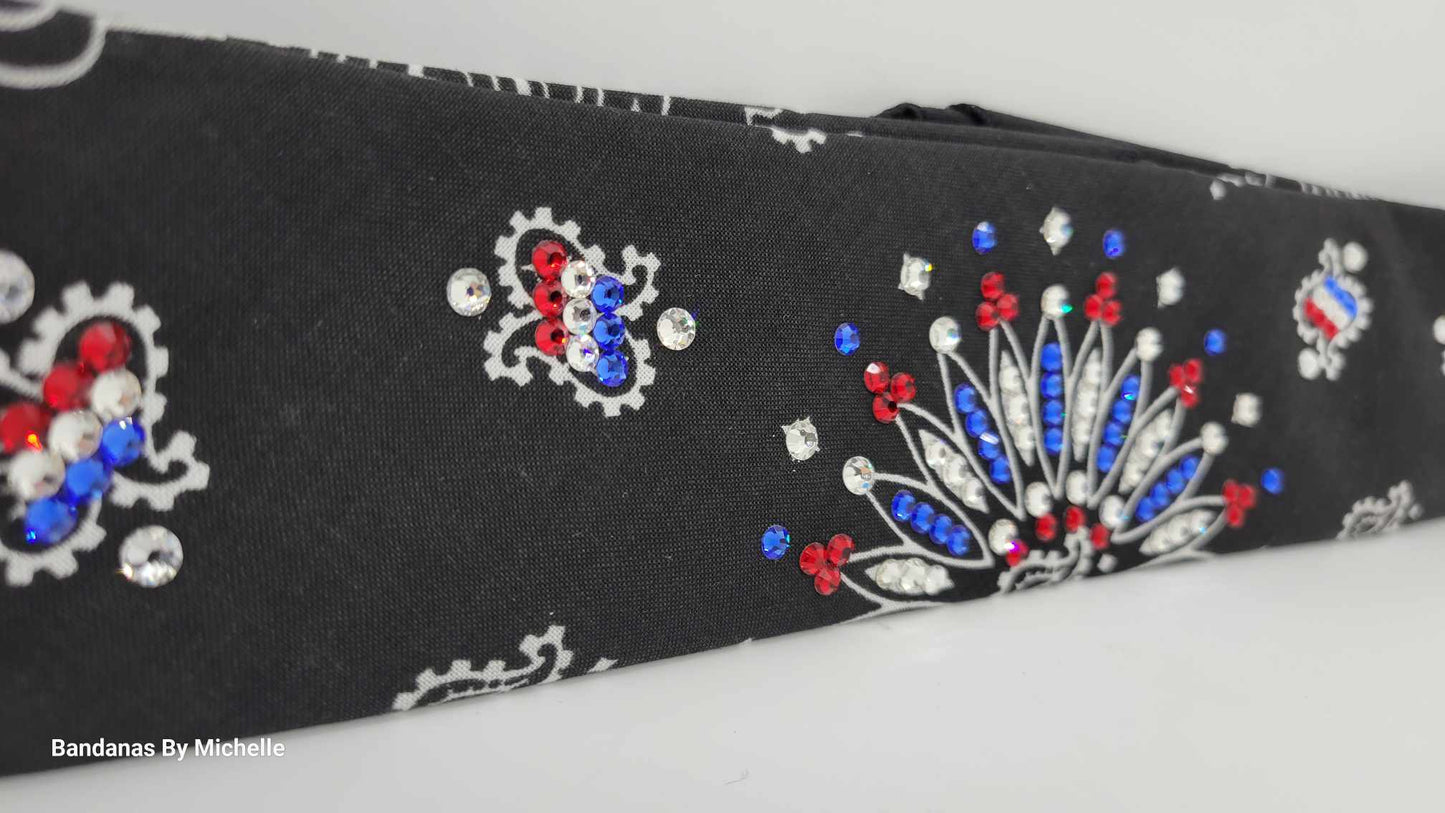 Narrow Black Paisley with Red, Blue and Diamond Clear Austrian Crystals (Sku2082)