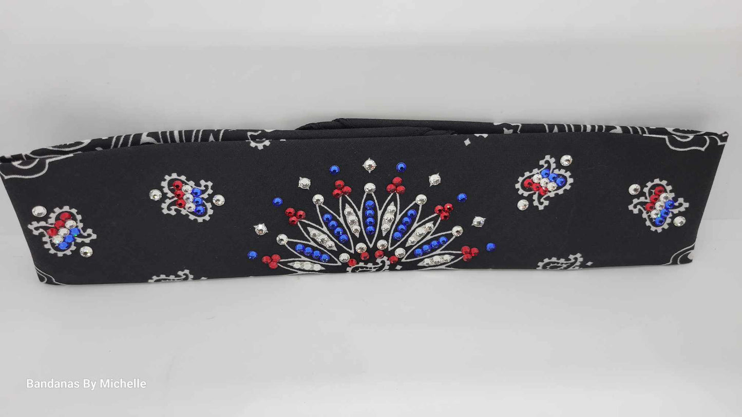 Narrow Black Paisley with Red, Blue and Diamond Clear Austrian Crystals (Sku2082)