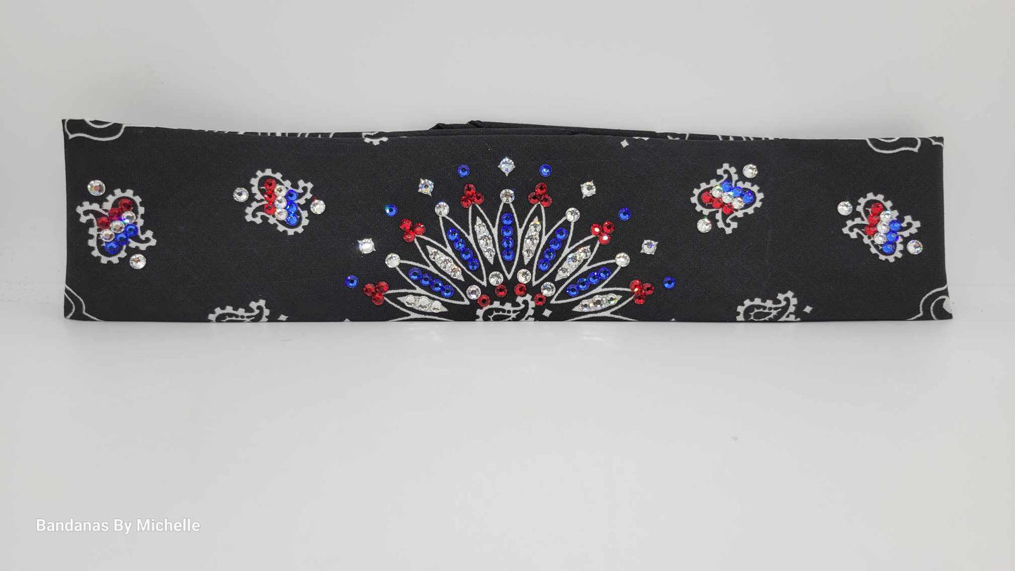 Narrow Black Paisley with Red, Blue and Diamond Clear Austrian Crystals (Sku2082)