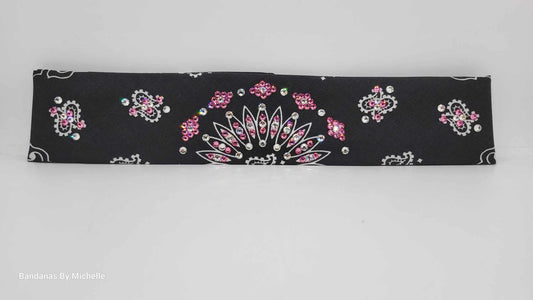 Narrow Black Paisley Bandana with Light Pink and Diamond Clear Austrian Crystals (Sku2085)