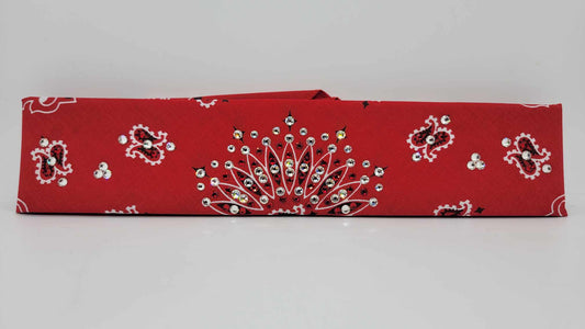 Narrow Red Paisley Bandana with Red and Diamond Clear Austrian Crystals (Sku2101)