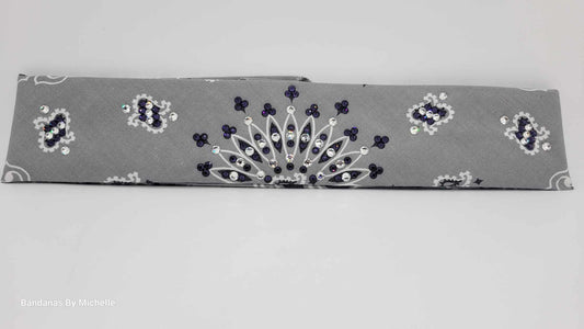 Narrow Silver Paisley Bandana with Dark Purple and Diamond Clear Austrian Crystals (Sku2111)