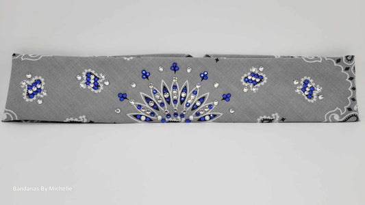 Narrow Silver Paisley Bandana with Blue and Diamond Clear Austrian Crystals (Sku2116)