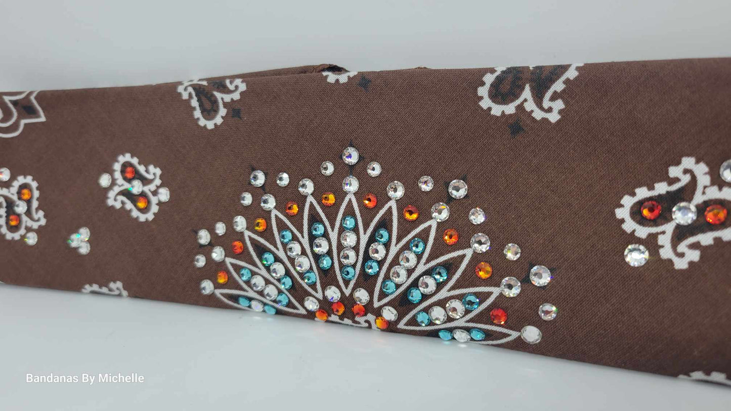 Narrow Brown Paisley with Turquoise, Orange and Diamond Clear Austrian Crystals (Sku2126)