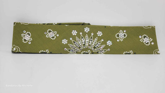 Narrow Olive Green Paisley Bandana with Diamond Clear Austrian Crystals (Sku2176)