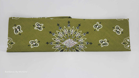 Olive Green Paisley Bandana with Jet Hematite and Diamond Clear Austrian Crystals (Sku2178)