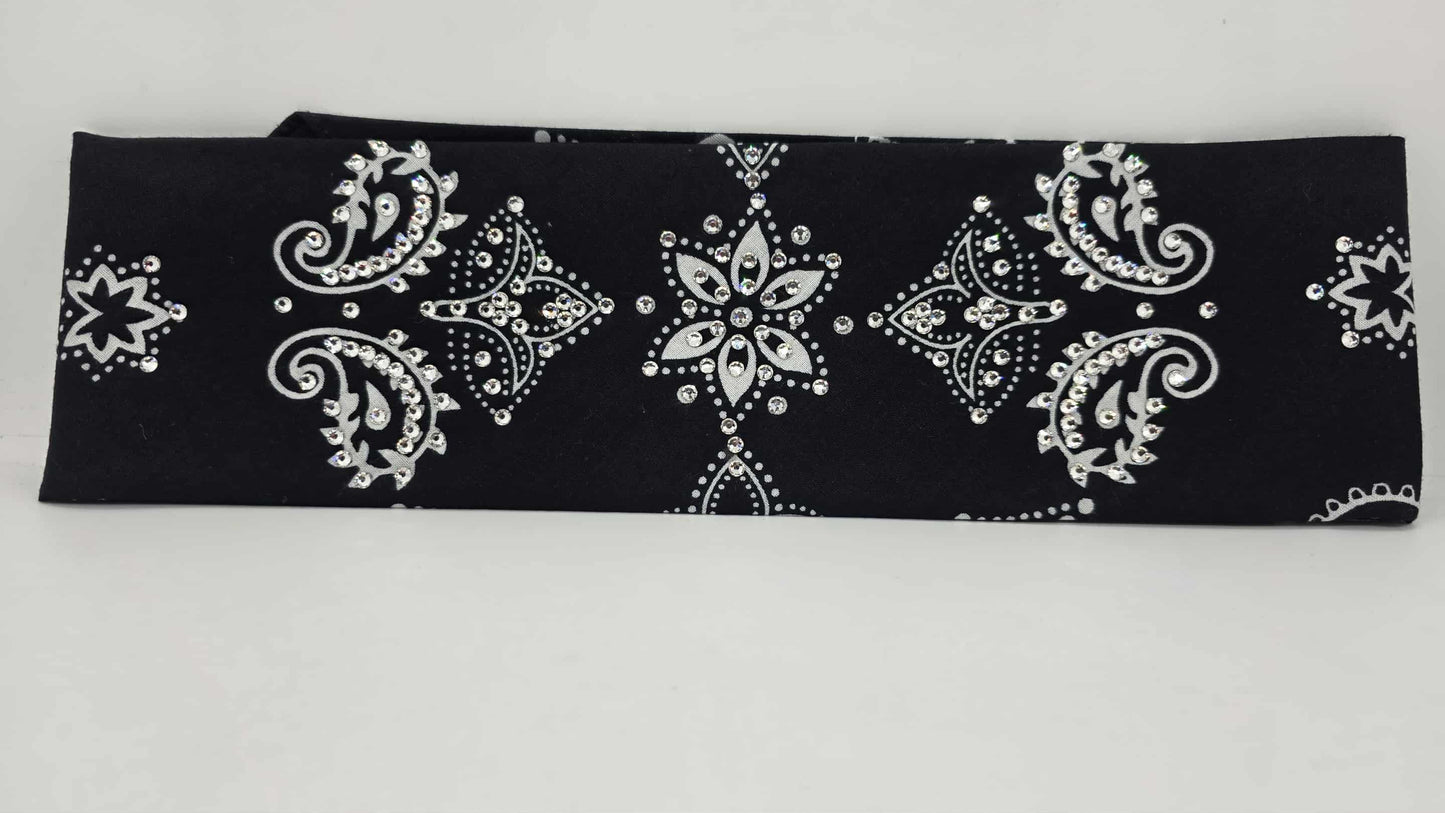 EXTRA BLING - Large Black Flower Bandana with Diamond Clear Austrian Crystals (sku6414)