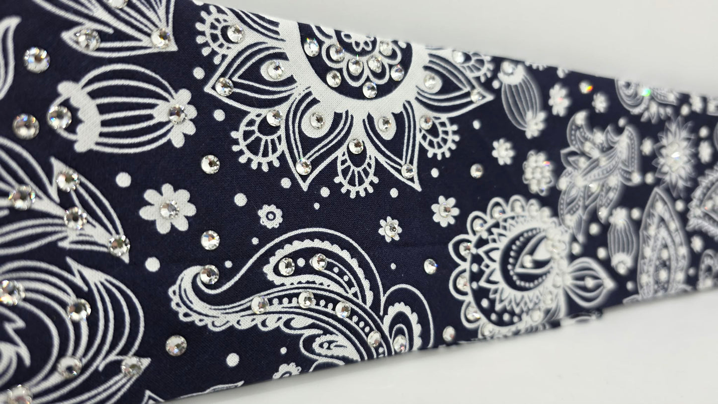 White on Navy Bandana with Diamond Clear Austrian Crystals (E60128)